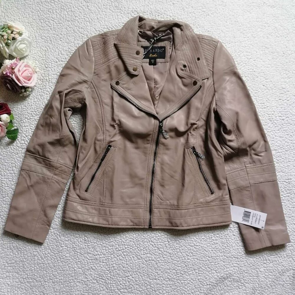 Bernardo Coat Women Leather Jacket In Soft Taupe, Size M